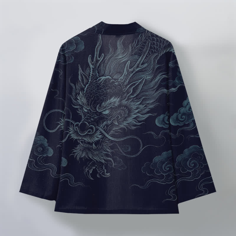 Buddha Stones Kimono da uomo in cotone con motivo antico drago e nebbia, aperto sul davanti. - image 2