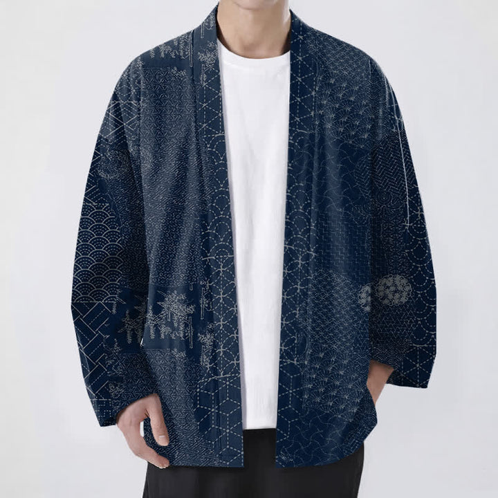 Buddha Stones Kimono da uomo in cotone con motivo Seigaiha Asanoha e apertura frontale. - Marina - US/UK/AU48, EU58 (4XL) - image 0