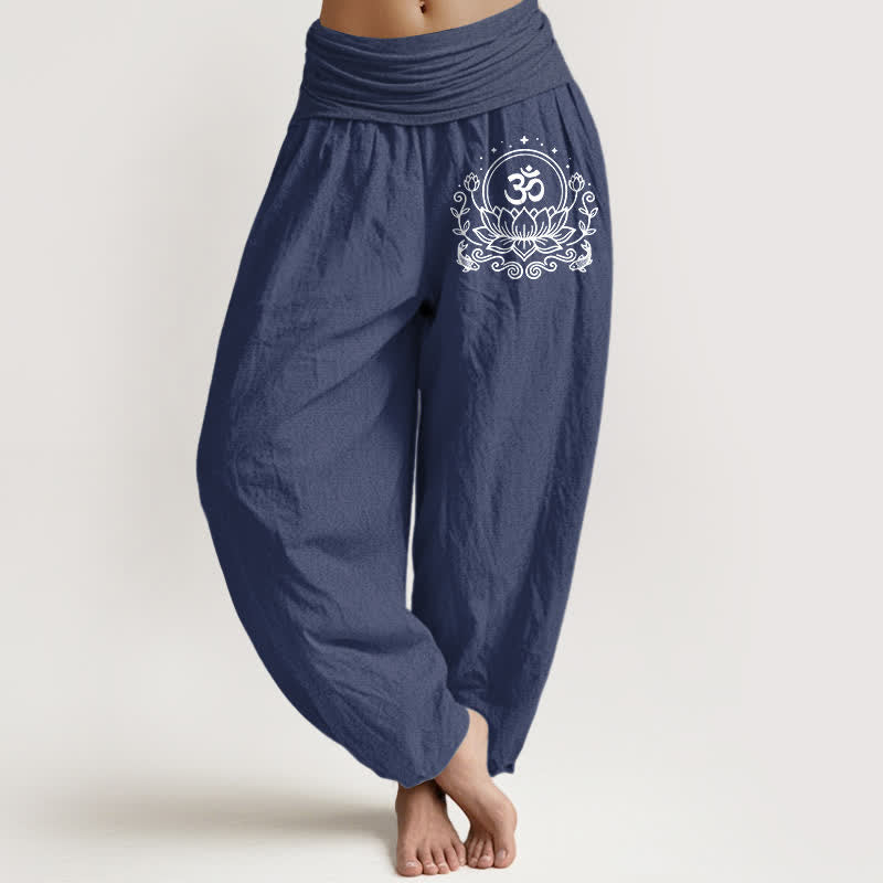 Buddha Stones Pantaloni harem da donna in puro cotone con motivo a loto sacro Om e vita elasticizzata. - Blu ardesia scuro - US16, UK/AU20, EU48 (3XL) - image 5
