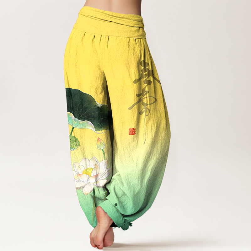 Buddha Stones Pantaloni harem da donna in cotone con elegante motivo a fiore di loto e elastico in vita. - image 2