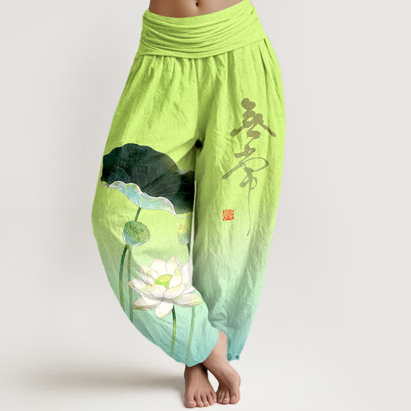 Buddha Stones Pantaloni harem da donna in cotone con elegante motivo a fiore di loto e elastico in vita. - Turchese - US16, UK/AU20, EU48 (3XL) - image 5