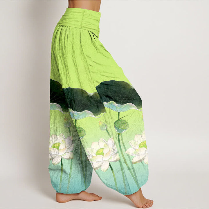 Buddha Stones Pantaloni harem da donna in cotone con elegante motivo a fiore di loto e elastico in vita. - image 6