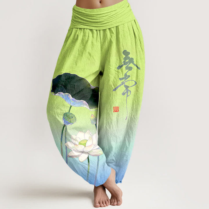 Buddha Stones Pantaloni harem da donna in cotone con elegante motivo a fiore di loto e elastico in vita. - Blu cielo profondo - US16, UK/AU20, EU48 (3XL) - image 8
