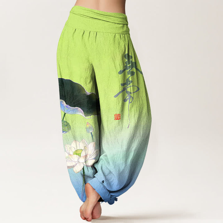 Buddha Stones Pantaloni harem da donna in cotone con elegante motivo a fiore di loto e elastico in vita. - image 10