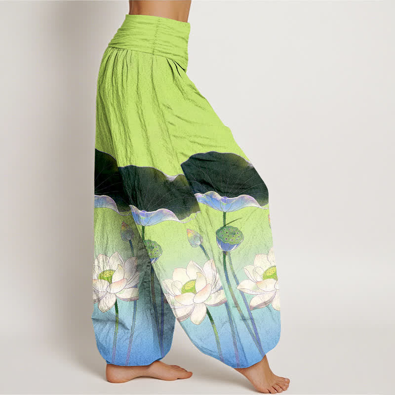 Buddha Stones Pantaloni harem da donna in cotone con elegante motivo a fiore di loto e elastico in vita. - image 9