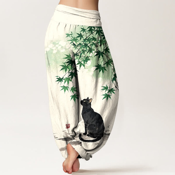 Buddha Stones Pantaloni harem da donna in cotone con motivo a foglie d'acero e gatti, con elastico in vita. - image 2