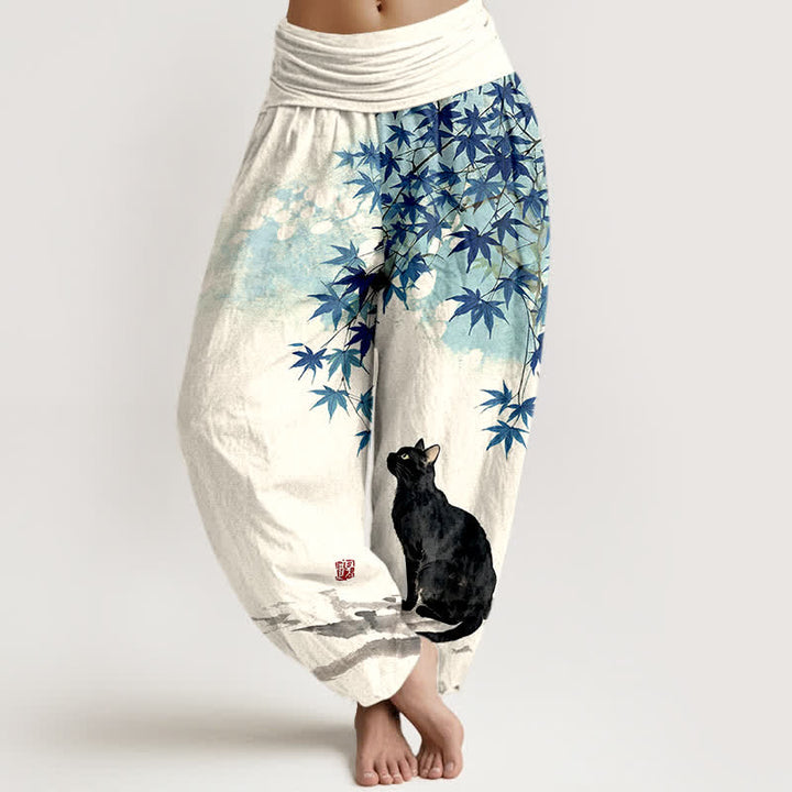 Buddha Stones Pantaloni harem da donna in cotone con motivo a foglie d'acero e gatti, con elastico in vita. - Blu - US16, UK/AU20, EU48 (3XL) - image 5