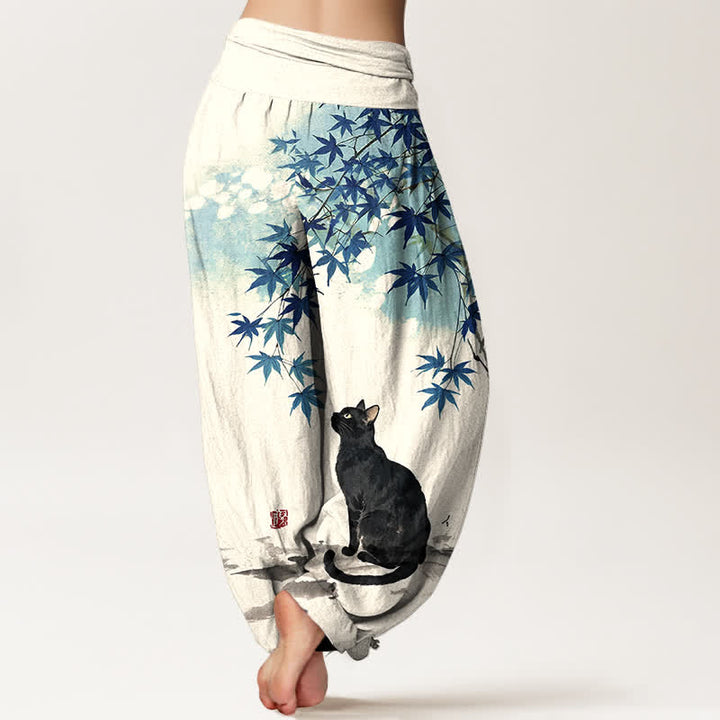 Buddha Stones Pantaloni harem da donna in cotone con motivo a foglie d'acero e gatti, con elastico in vita. - image 7
