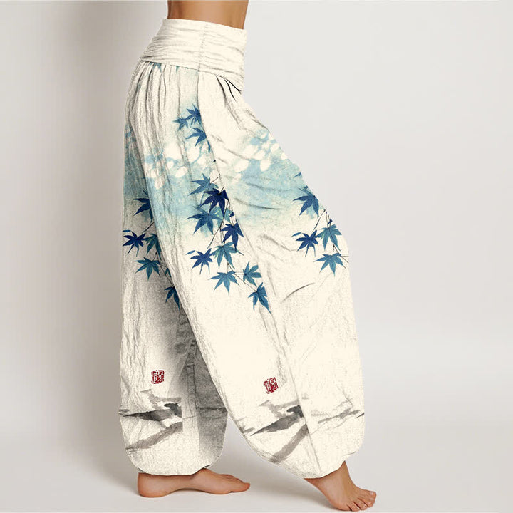Buddha Stones Pantaloni harem da donna in cotone con motivo a foglie d'acero e gatti, con elastico in vita. - image 6