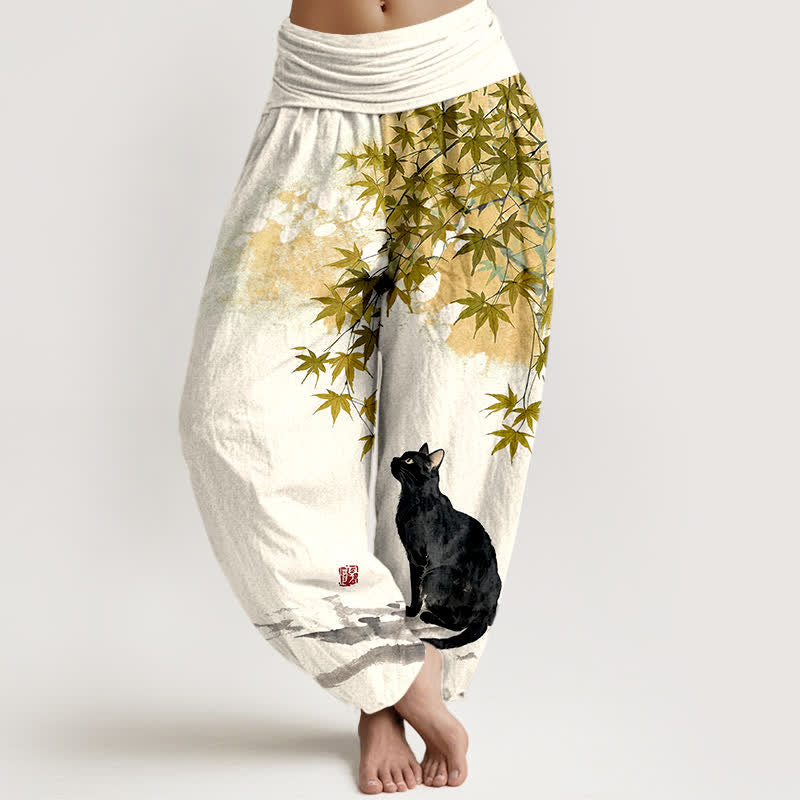 Buddha Stones Pantaloni harem da donna in cotone con motivo a foglie d'acero e gatti, con elastico in vita. - Verga d'oro - US16, UK/AU20, EU48 (3XL) - image 8
