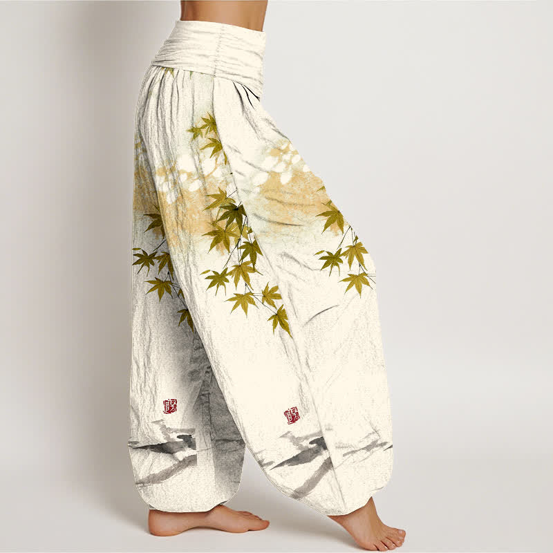Buddha Stones Pantaloni harem da donna in cotone con motivo a foglie d'acero e gatti, con elastico in vita. - image 9