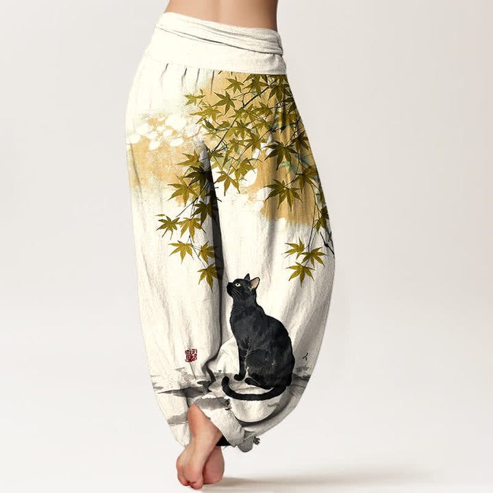Buddha Stones Pantaloni harem da donna in cotone con motivo a foglie d'acero e gatti, con elastico in vita. - image 10