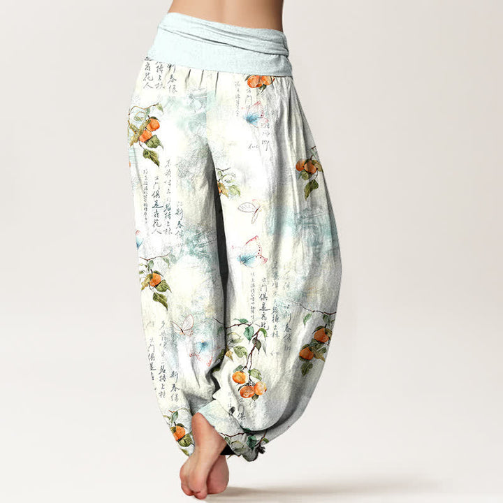 Buddha Stones Pantaloni harem da donna con elastico in vita e stampa calligrafica a inchiostro di cotone e motivo a farfalle e agrumi. - image 2