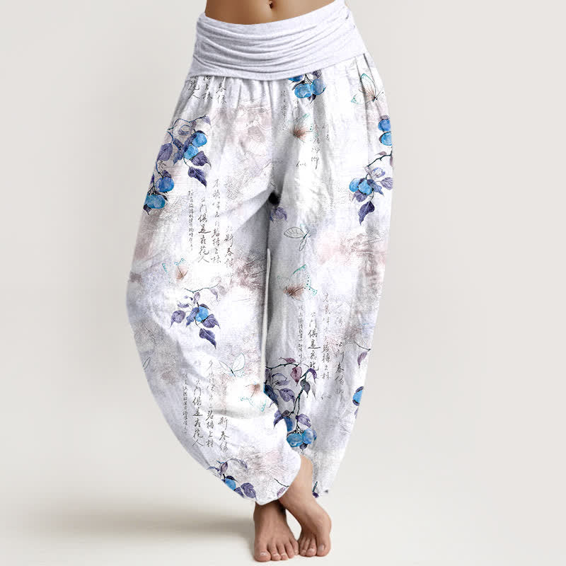 Buddha Stones Pantaloni harem da donna con elastico in vita e stampa calligrafica a inchiostro di cotone e motivo a farfalle e agrumi. - Lavanda - US16, UK/AU20, EU48 (3XL) - image 5