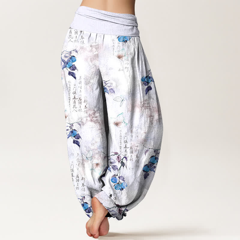 Buddha Stones Pantaloni harem da donna con elastico in vita e stampa calligrafica a inchiostro di cotone e motivo a farfalle e agrumi. - image 7