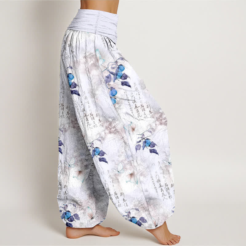 Buddha Stones Pantaloni harem da donna con elastico in vita e stampa calligrafica a inchiostro di cotone e motivo a farfalle e agrumi. - image 6