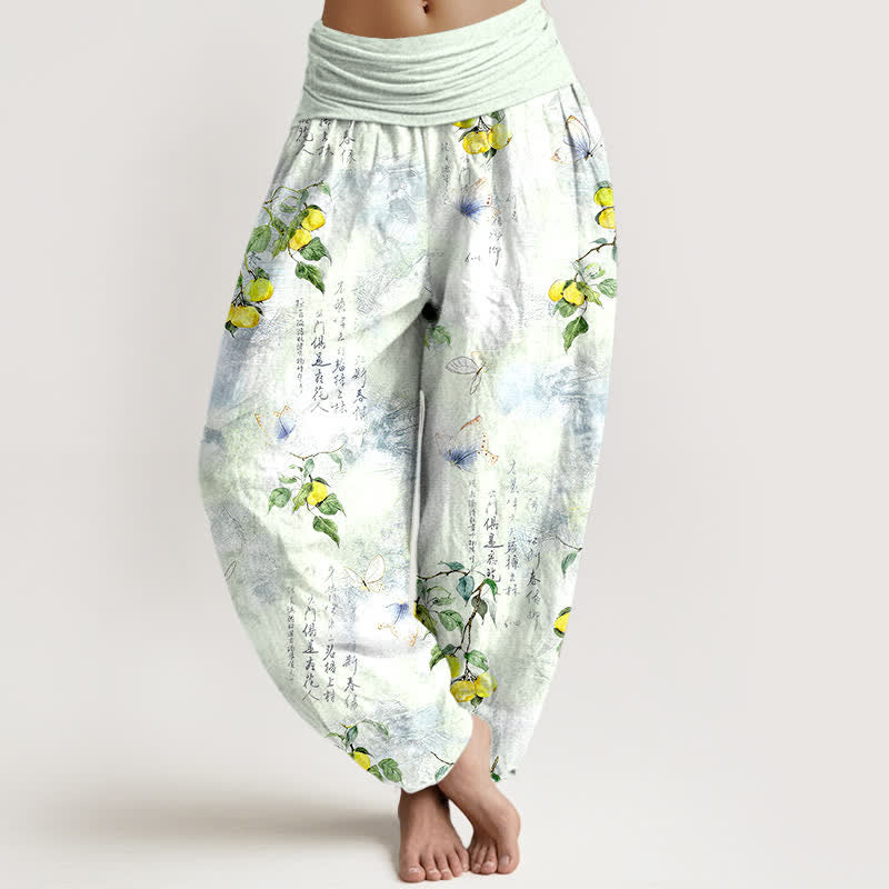 Buddha Stones Pantaloni harem da donna con elastico in vita e stampa calligrafica a inchiostro di cotone e motivo a farfalle e agrumi. - Melata - US16, UK/AU20, EU48 (3XL) - image 8