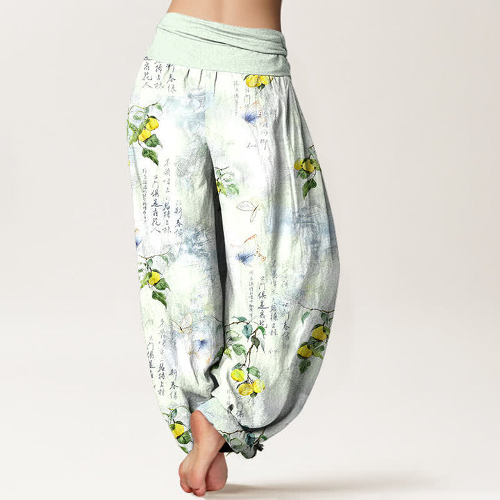 Buddha Stones Pantaloni harem da donna con elastico in vita e stampa calligrafica a inchiostro di cotone e motivo a farfalle e agrumi. - image 10