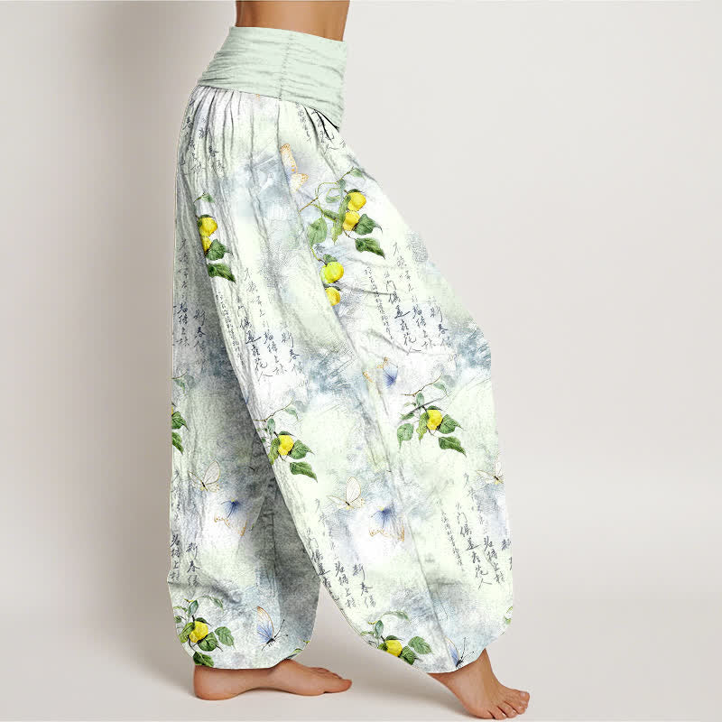 Buddha Stones Pantaloni harem da donna con elastico in vita e stampa calligrafica a inchiostro di cotone e motivo a farfalle e agrumi. - image 9