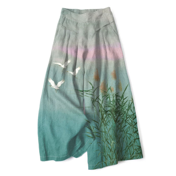 Buddha Stones Pantaloni da donna a gamba larga con elastico in vita e tasche, in cotone e lino, con stampa sfumata di canne di gru. - Turchese - US16, UK/AU20, EU48 (3XL) - image 4