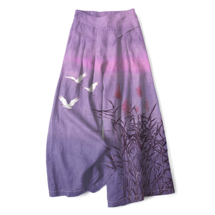 Buddha Stones Pantaloni da donna a gamba larga con elastico in vita e tasche, in cotone e lino, con stampa sfumata di canne di gru. - Viola medio - US16, UK/AU20, EU48 (3XL) - image 6
