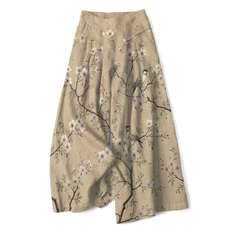 Buddha Stones Pantaloni da donna a gamba larga con elastico in vita e tasche, in cotone e lino, con stampa floreale vintage e motivo a uccelli. - Tan - US16, UK/AU20, EU48 (3XL) - image 4