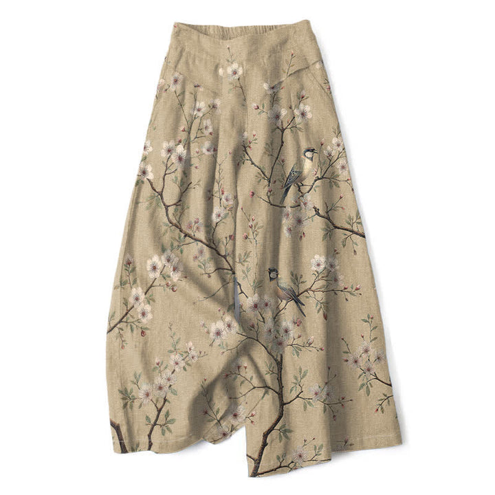 Buddha Stones Pantaloni da donna a gamba larga con elastico in vita e tasche, in cotone e lino, con stampa floreale vintage e motivo a uccelli. - Tan - US16, UK/AU20, EU48 (3XL) - image 4