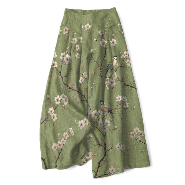 Buddha Stones Pantaloni da donna a gamba larga con elastico in vita e tasche, in cotone e lino, con stampa floreale vintage e motivo a uccelli. - Verde oliva - US16, UK/AU20, EU48 (3XL) - image 6