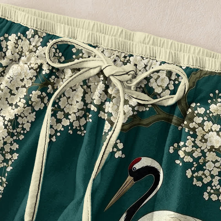 Buddha Stones Pantaloni da donna in puro cotone con elastico in vita e tasche, fantasia floreale orientale con gru. - image 1