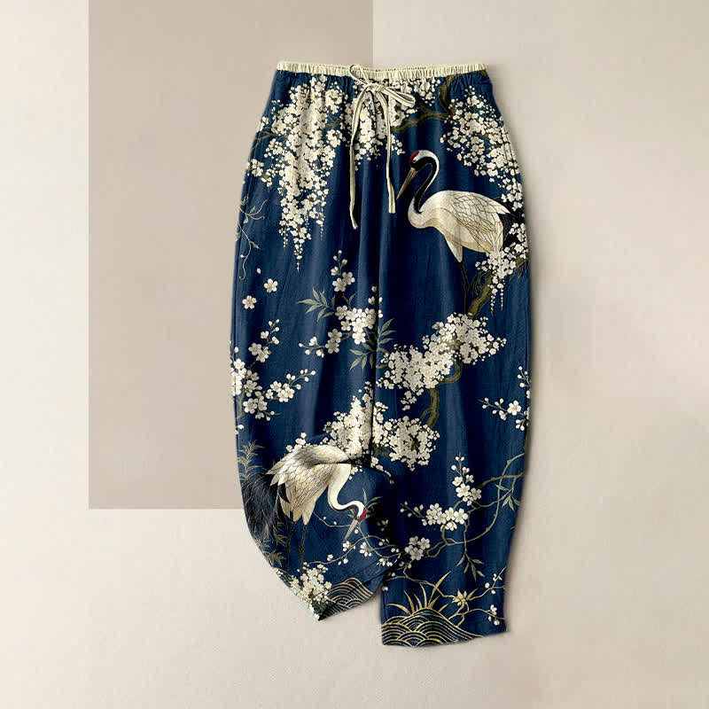 Buddha Stones Pantaloni da donna in puro cotone con elastico in vita e tasche, fantasia floreale orientale con gru. - Marina - US16, UK/AU20, EU48 (3XL) - image 4