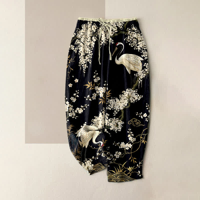 Buddha Stones Pantaloni da donna in puro cotone con elastico in vita e tasche, fantasia floreale orientale con gru. - Nero - US16, UK/AU20, EU48 (3XL) - image 5