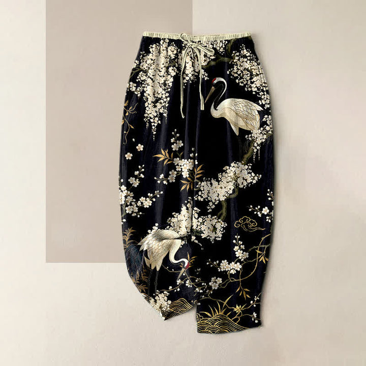 Buddha Stones Pantaloni da donna in puro cotone con elastico in vita e tasche, fantasia floreale orientale con gru. - Nero - US16, UK/AU20, EU48 (3XL) - image 5