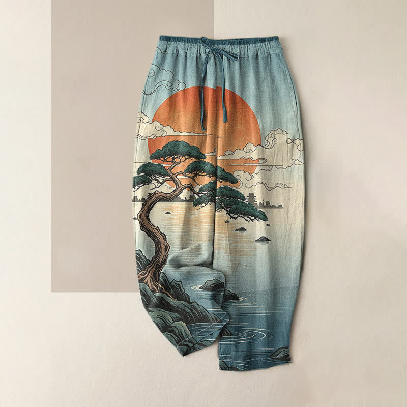 Buddha Stones Pantaloni da donna in puro cotone con elastico in vita e tasche, fantasia "Tramonto artistico con pini". - Cadetto Blu - US16, UK/AU20, EU48 (3XL) - image 3