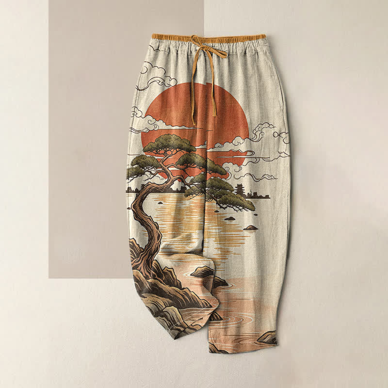 Buddha Stones Pantaloni da donna in puro cotone con elastico in vita e tasche, fantasia "Tramonto artistico con pini". - Verga d'oro - US16, UK/AU20, EU48 (3XL) - image 4