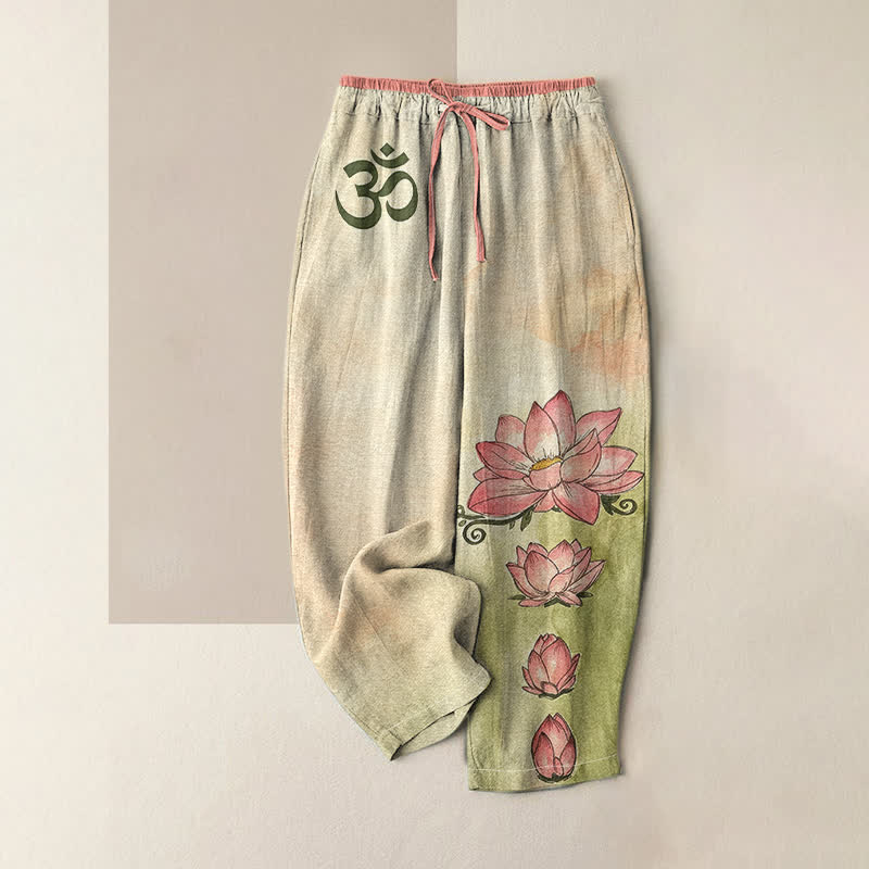 Buddha Stones Pantaloni da donna in puro cotone con elastico in vita e tasche, con motivo Zen Om Lotus Bloom. - Verga d'oro pallida - US16, UK/AU20, EU48 (3XL) - image 3