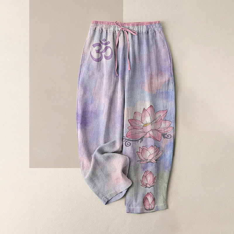 Buddha Stones Pantaloni da donna in puro cotone con elastico in vita e tasche, con motivo Zen Om Lotus Bloom. - Viola medio - US16, UK/AU20, EU48 (3XL) - image 4