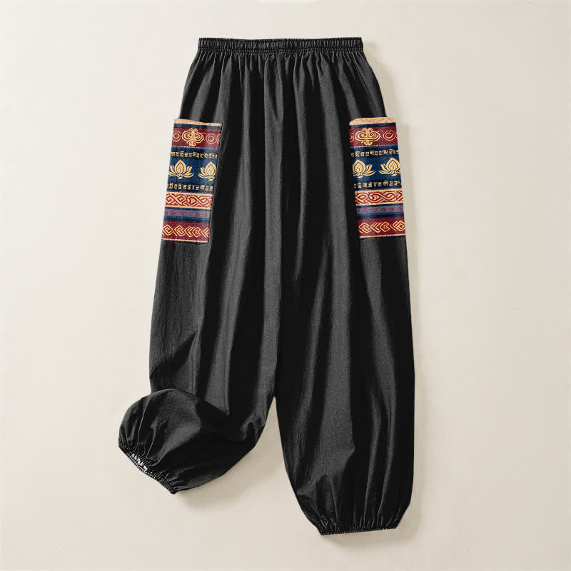 Buddha Stones Pantaloni harem da donna in cotone stile bohémien con motivo geometrico a loto e vita elasticizzata, con tasche laterali. - image 4