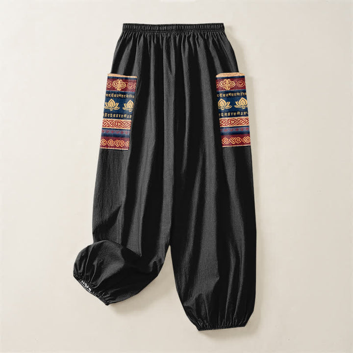 Buddha Stones Pantaloni harem da donna in cotone stile bohémien con motivo geometrico a loto e vita elasticizzata, con tasche laterali. - image 4