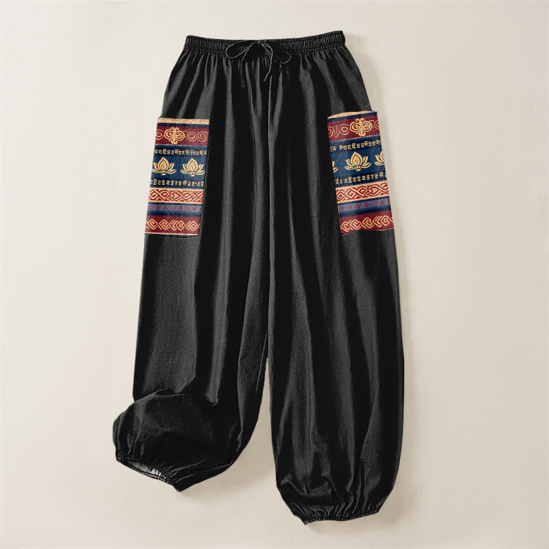 Buddha Stones Pantaloni harem da donna in cotone stile bohémien con motivo geometrico a loto e vita elasticizzata, con tasche laterali. - image 3