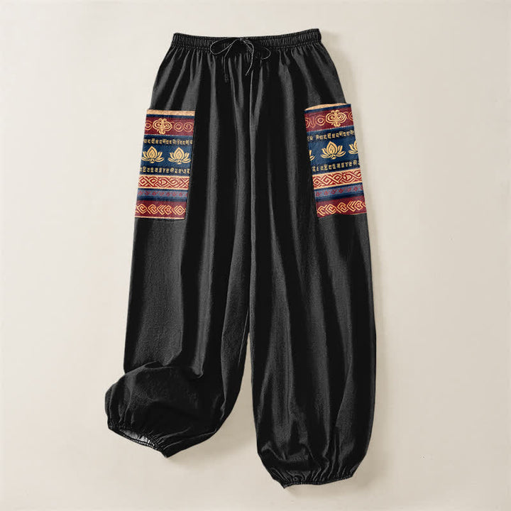 Buddha Stones Pantaloni harem da donna in cotone stile bohémien con motivo geometrico a loto e vita elasticizzata, con tasche laterali. - image 3