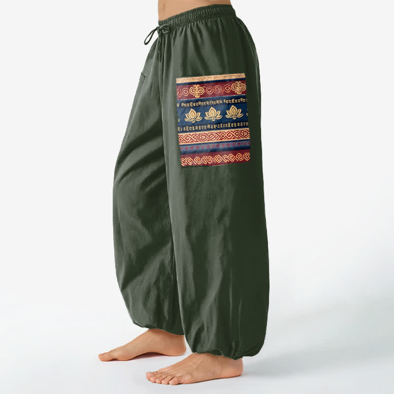 Buddha Stones Pantaloni harem da donna in cotone stile bohémien con motivo geometrico a loto e vita elasticizzata, con tasche laterali. - image 8