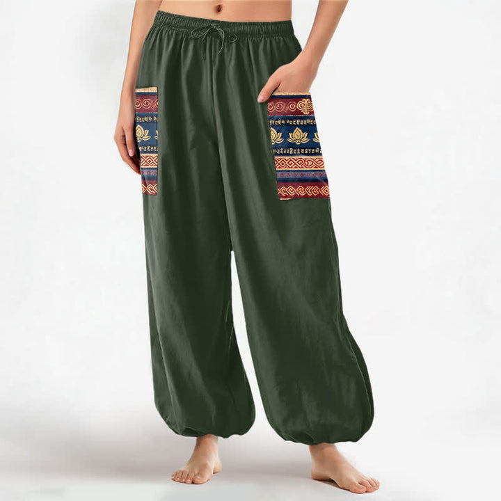 Buddha Stones Pantaloni harem da donna in cotone stile bohémien con motivo geometrico a loto e vita elasticizzata, con tasche laterali. - Verde oliva scuro - US16, UK/AU20, EU48 (3XL) - image 7