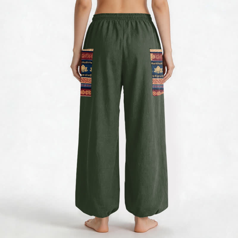 Buddha Stones Pantaloni harem da donna in cotone stile bohémien con motivo geometrico a loto e vita elasticizzata, con tasche laterali. - image 9