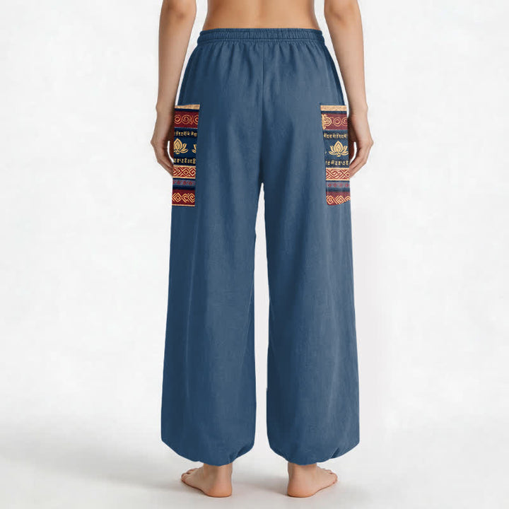 Buddha Stones Pantaloni harem da donna in cotone stile bohémien con motivo geometrico a loto e vita elasticizzata, con tasche laterali. - image 12