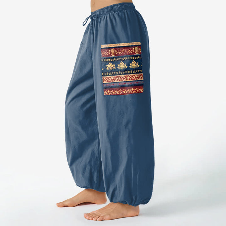 Buddha Stones Pantaloni harem da donna in cotone stile bohémien con motivo geometrico a loto e vita elasticizzata, con tasche laterali. - image 11