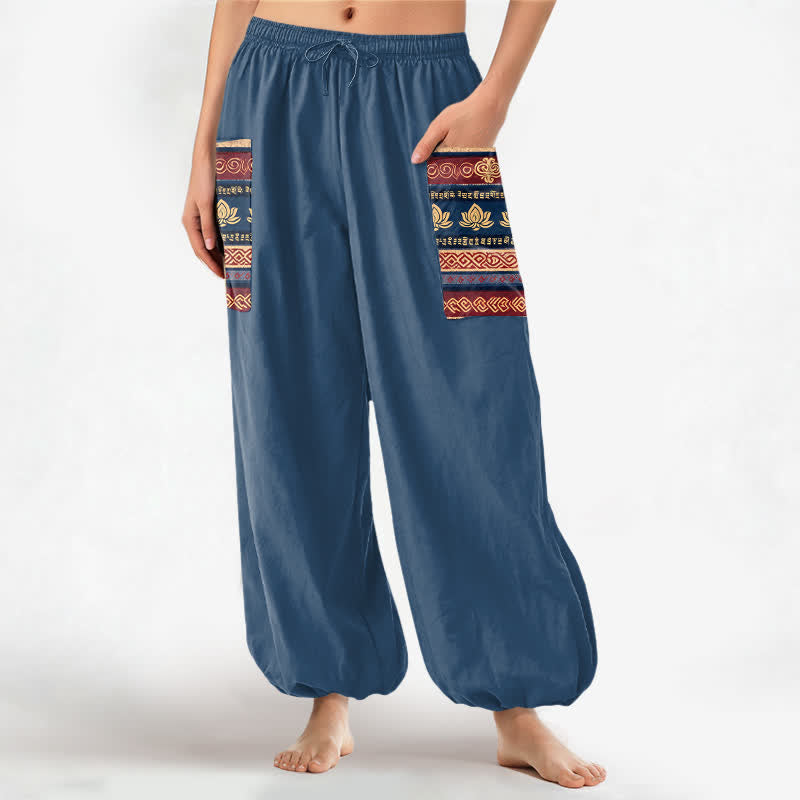 Buddha Stones Pantaloni harem da donna in cotone stile bohémien con motivo geometrico a loto e vita elasticizzata, con tasche laterali. - SteelBlue - US16, UK/AU20, EU48 (3XL) - image 10