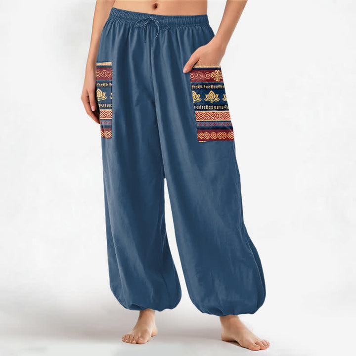 Buddha Stones Pantaloni harem da donna in cotone stile bohémien con motivo geometrico a loto e vita elasticizzata, con tasche laterali. - SteelBlue - US16, UK/AU20, EU48 (3XL) - image 10