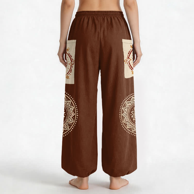 Buddha Stones Pantaloni harem da donna in cotone stile bohémien con motivo mandala a fasi lunari, vita elasticizzata e tasche laterali. - image 2