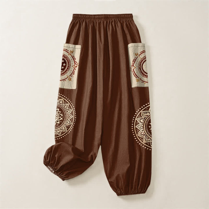 Buddha Stones Pantaloni harem da donna in cotone stile bohémien con motivo mandala a fasi lunari, vita elasticizzata e tasche laterali. - image 4