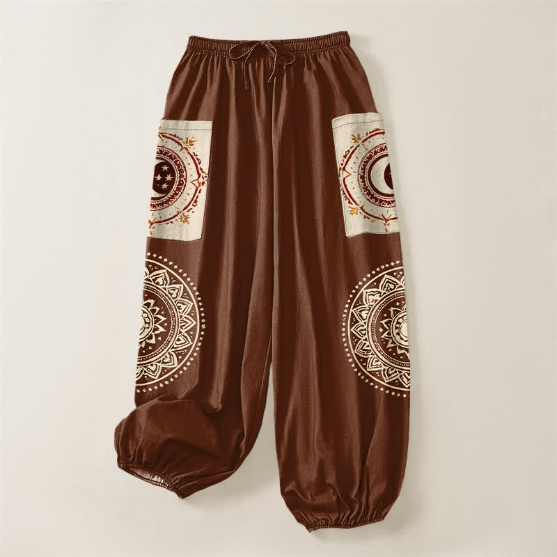 Buddha Stones Pantaloni harem da donna in cotone stile bohémien con motivo mandala a fasi lunari, vita elasticizzata e tasche laterali. - image 3